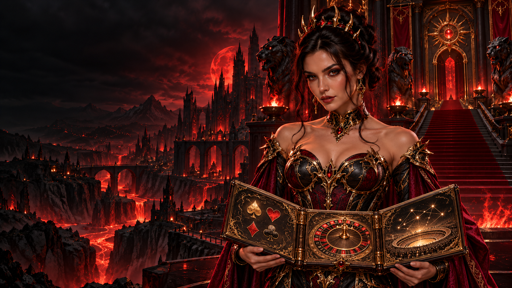 Strážkyně držící jediný trojdílný kodex kasinových, karetních a sportovních her v temném fantasy městě